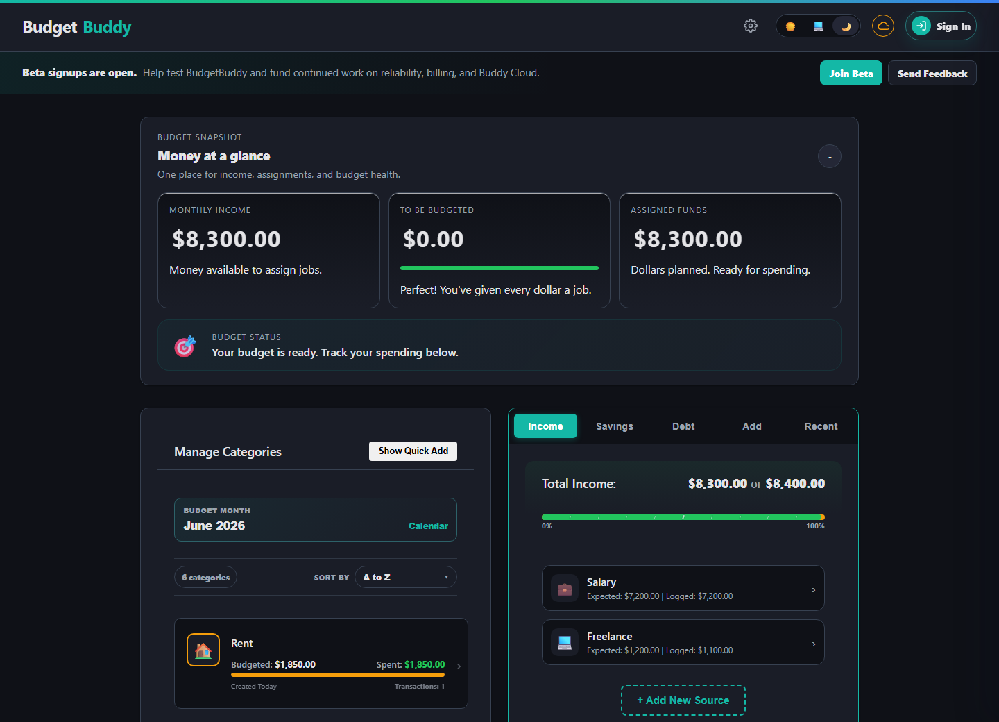 BudgetBuddy income tab showing expected income, logged income, and income source cards
